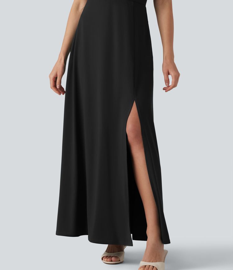 Robe longue fluide de demoiselle d'honneur et d'invitée de mariage, fendue, à manches à volants et col V profond, avec soutien-gorge intégré et poches