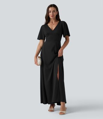 Robe longue fluide de demoiselle d'honneur et d'invitée de mariage, fendue, à manches à volants et col V profond, avec soutien-gorge intégré et poches