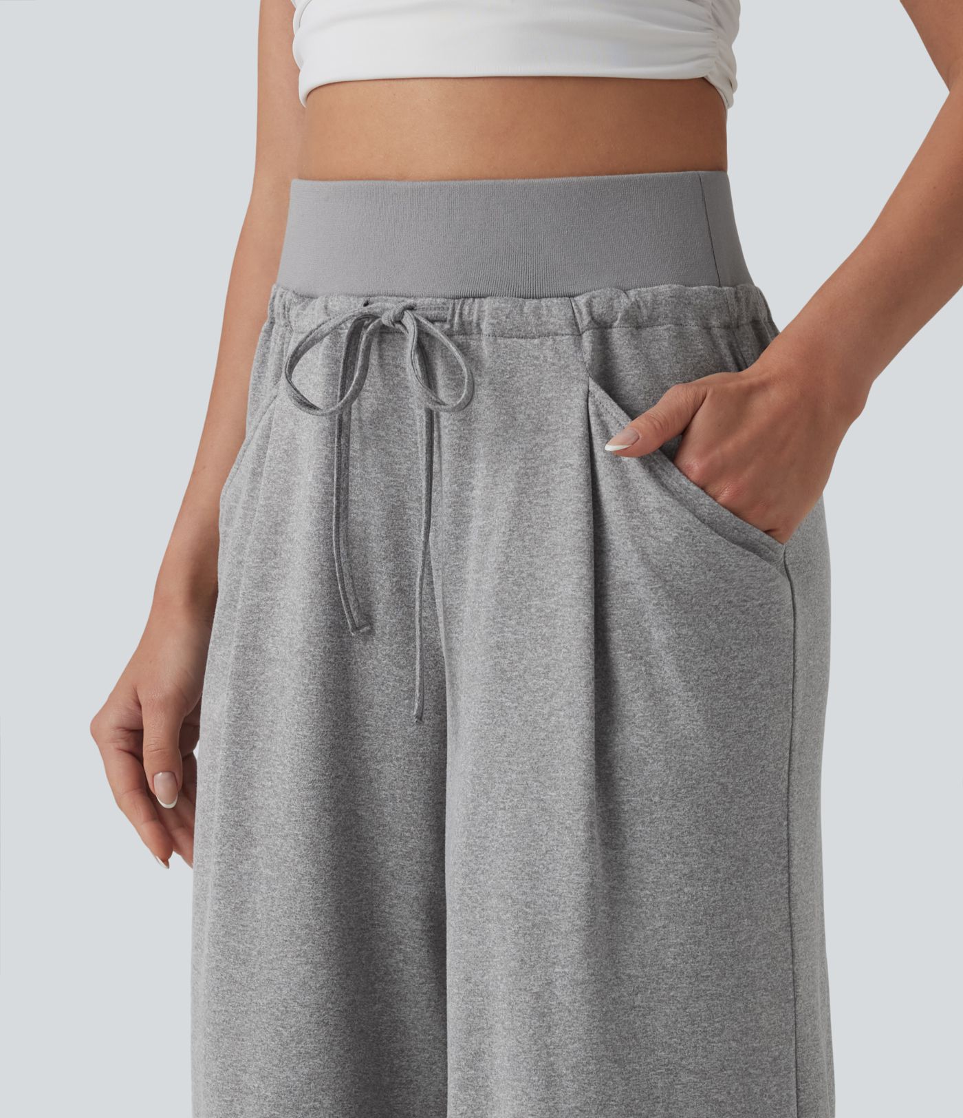 High Waisted Drawstring Pleated Heathered Casual Baggy Pants with Pockets