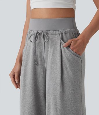 High Waisted Drawstring Pleated Heathered Casual Baggy Pants with Pockets