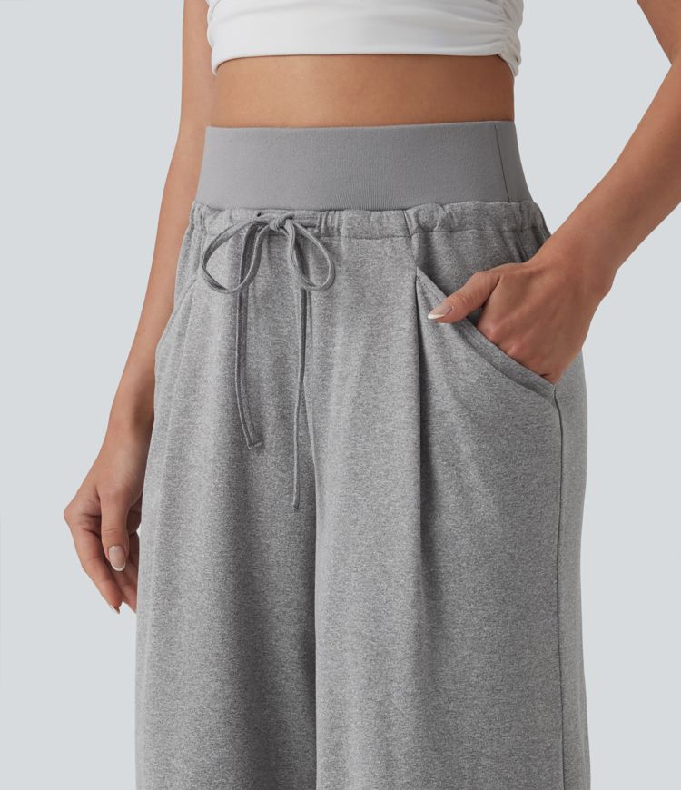 High Waisted Drawstring Pleated Heathered Casual Baggy Pants with Pockets