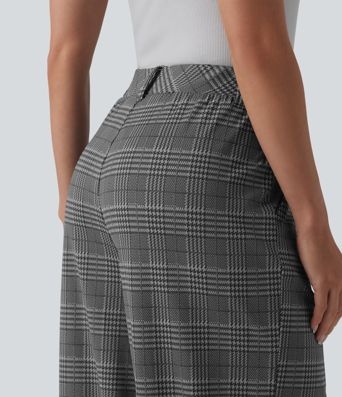 High Waisted Wide Leg Houndstooth Plaid Casual Pants with Pockets