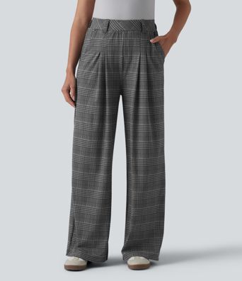 High Waisted Wide Leg Houndstooth Plaid Casual Pants with Pockets