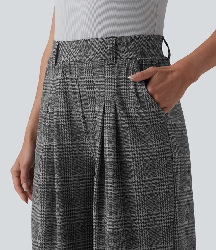 High Waisted Wide Leg Houndstooth Plaid Casual Pants with Pockets