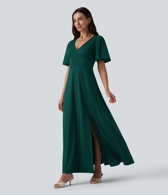 Robe longue fluide de demoiselle d'honneur et d'invitée de mariage, fendue, à manches à volants et décolleté en V profond, avec soutien-gorge intégré et poches.