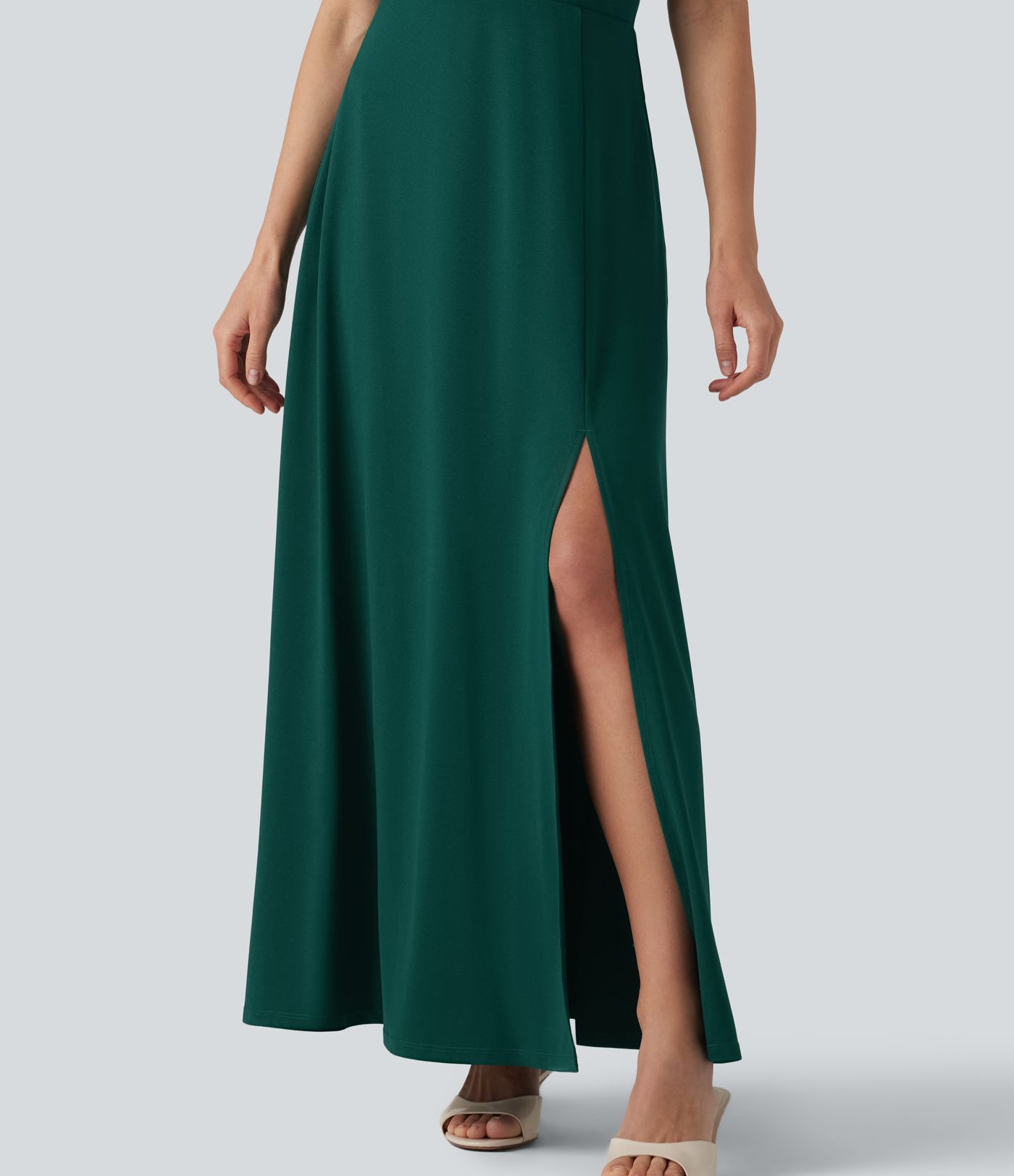 Robe longue fluide de demoiselle d'honneur et d'invitée de mariage, fendue, à manches à volants et décolleté en V profond, avec soutien-gorge intégré et poches.