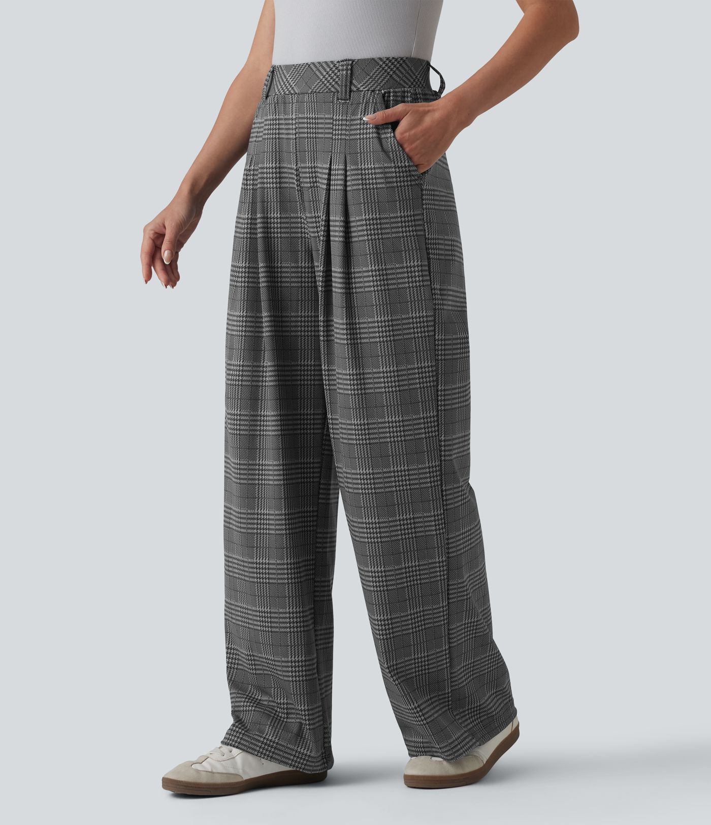 High Waisted Wide Leg Houndstooth Plaid Casual Pants with Pockets