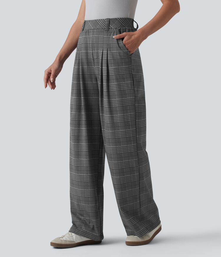 High Waisted Wide Leg Houndstooth Plaid Casual Pants with Pockets