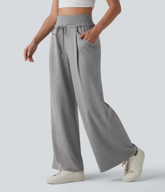 High Waisted Drawstring Pleated Heathered Casual Baggy Pants with Pockets