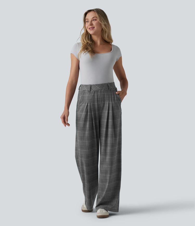 High Waisted Wide Leg Houndstooth Plaid Casual Pants with Pockets