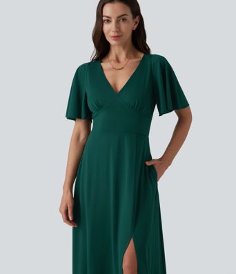 Robe longue fluide de demoiselle d'honneur et d'invitée de mariage, fendue, à manches à volants et décolleté en V profond, avec soutien-gorge intégré et poches.