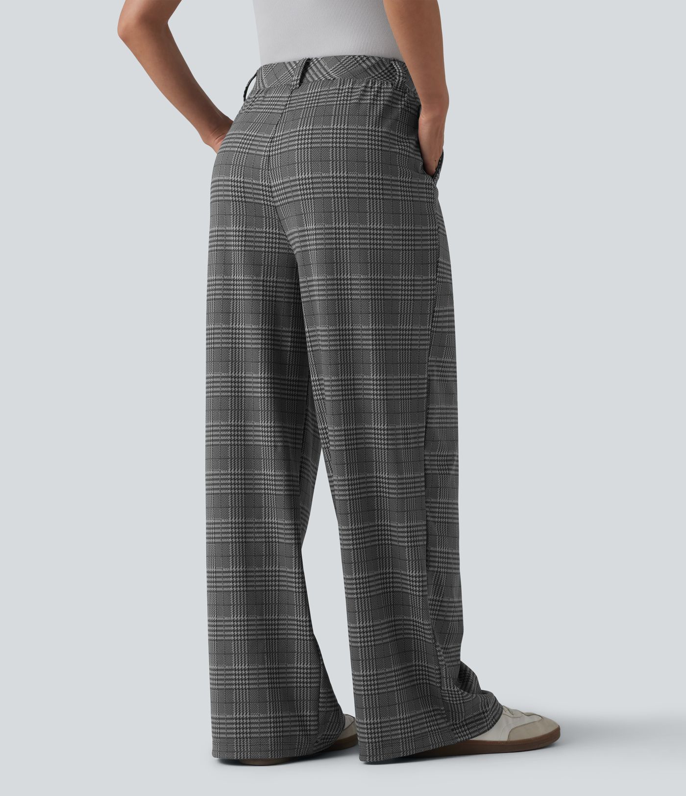 High Waisted Wide Leg Houndstooth Plaid Casual Pants with Pockets