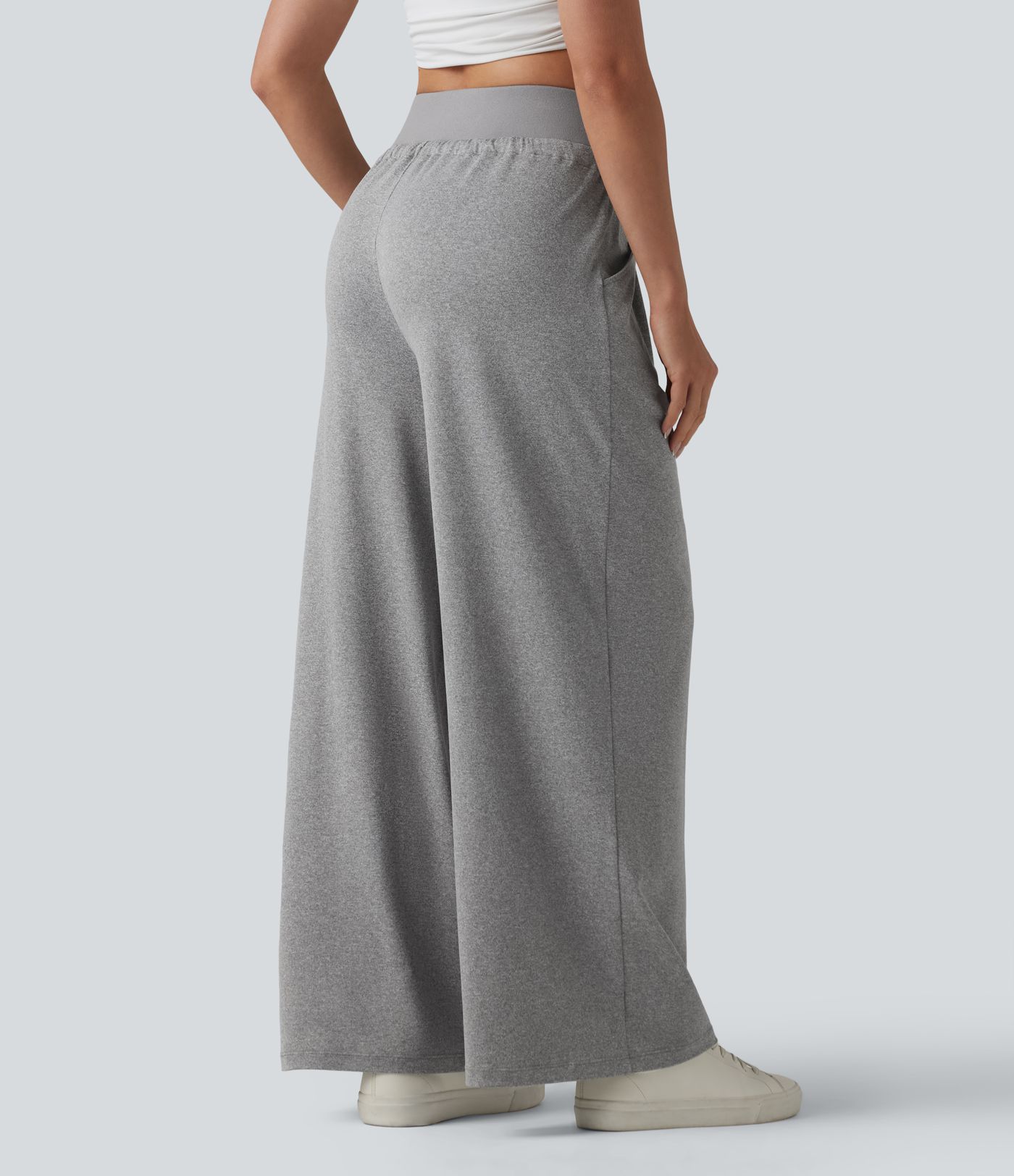 High Waisted Drawstring Pleated Heathered Casual Baggy Pants with Pockets