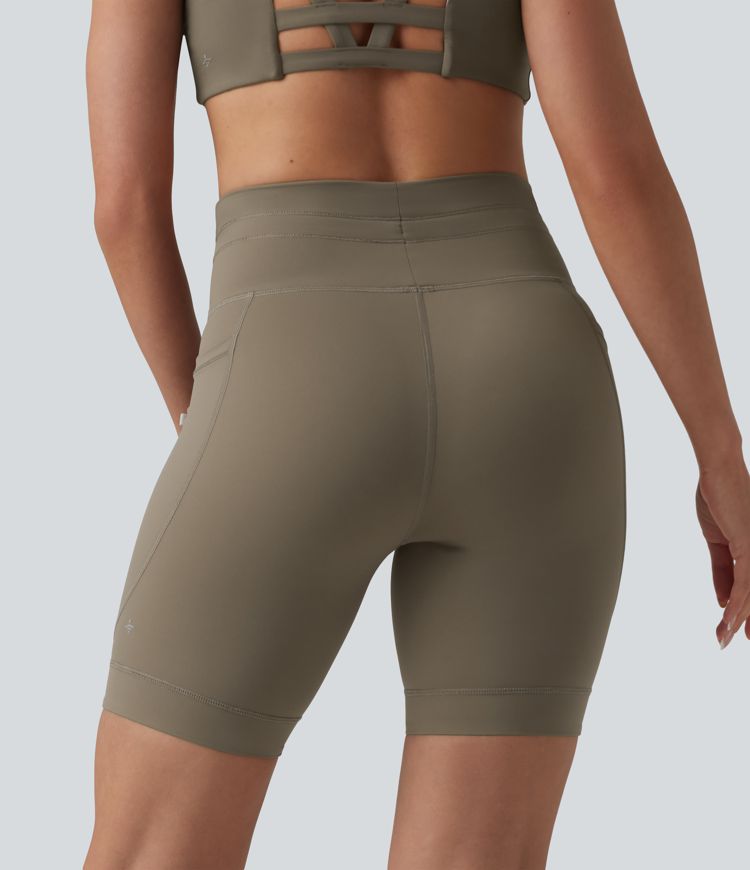 High Waisted Drawstring Plain Yoga Biker Shorts 7'' with Pockets