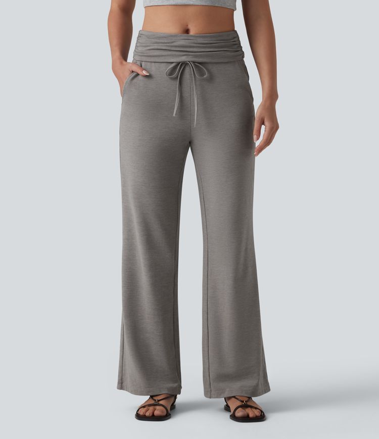Foldover Mid Rise Ruched Drawstring Heathered Casual Flare Pants with Pockets