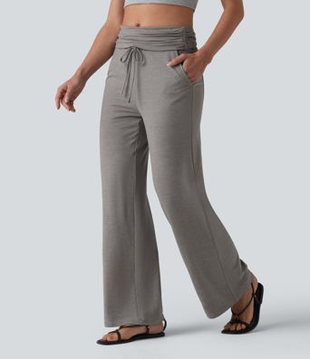 Foldover Mid Rise Ruched Drawstring Heathered Casual Flare Pants with Pockets