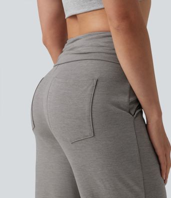 Foldover Mid Rise Ruched Drawstring Heathered Casual Flare Pants with Pockets