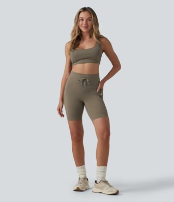 High Waisted Drawstring Plain Yoga Biker Shorts 7'' with Pockets