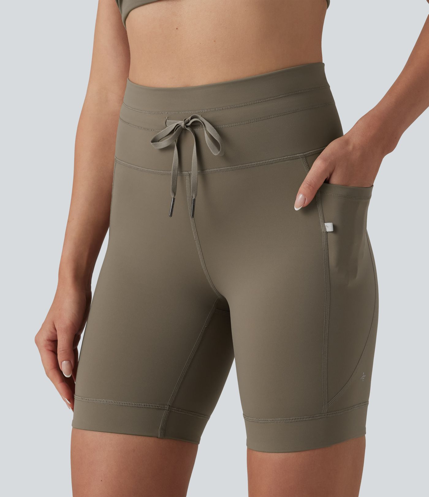 High Waisted Drawstring Plain Yoga Biker Shorts 7'' with Pockets