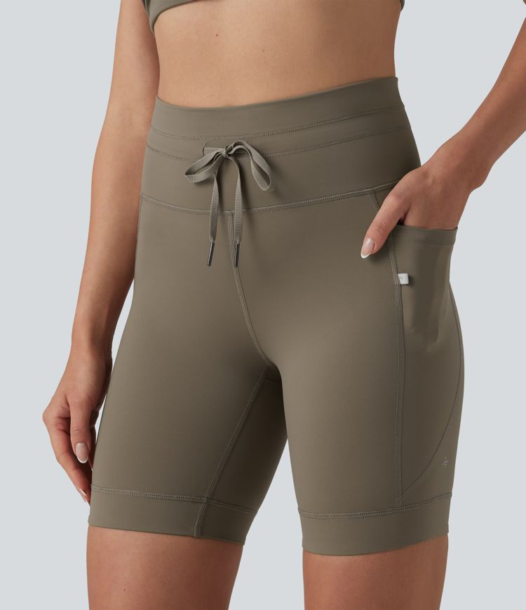 High Waisted Drawstring Plain Yoga Biker Shorts 7'' with Pockets