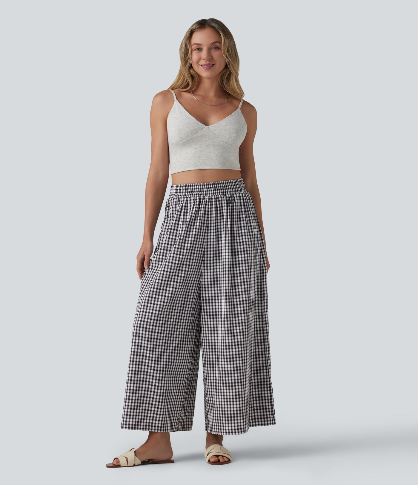 High Waisted Baggy Plaid Casual Trousers with Pockets
