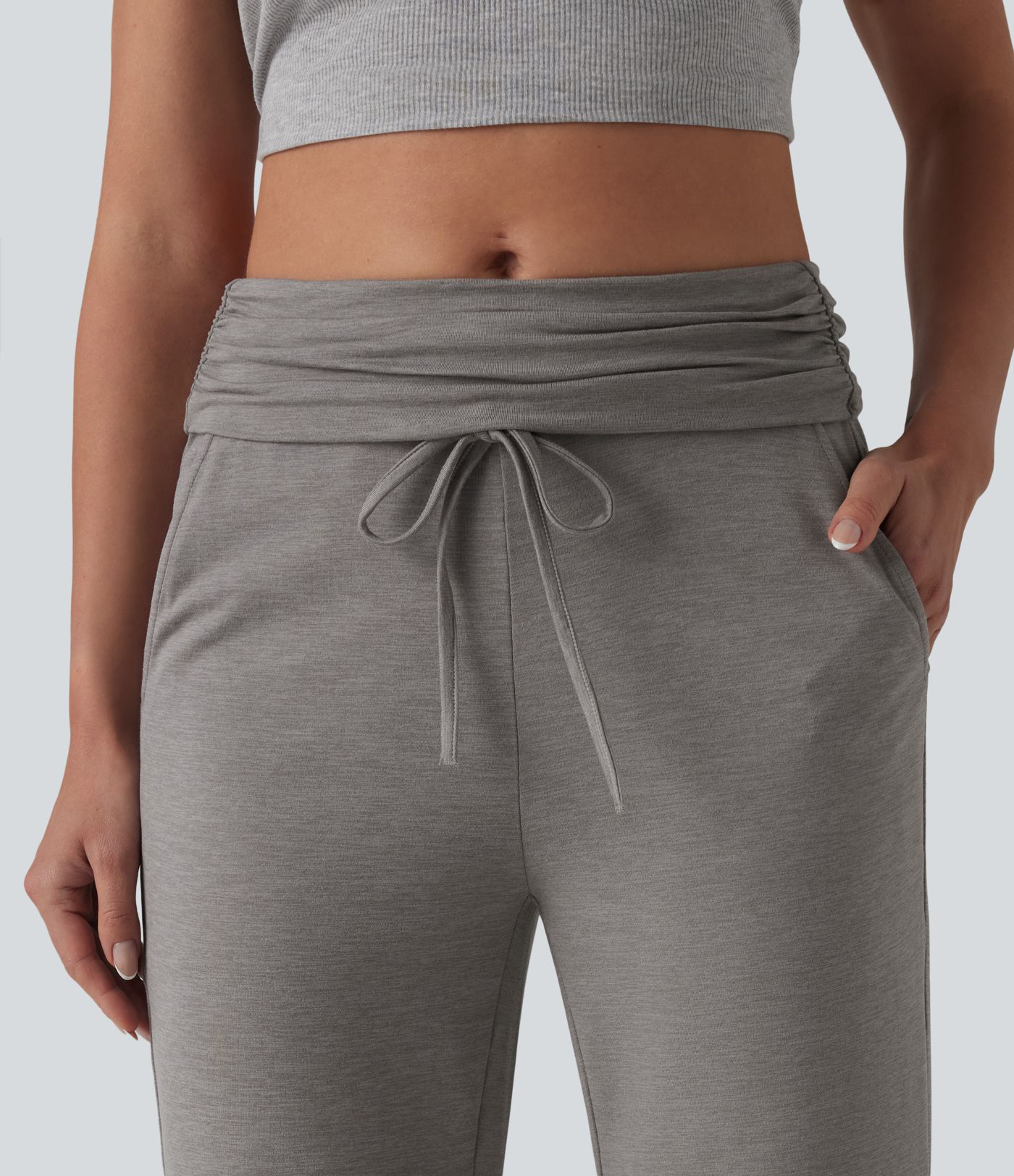 Foldover Mid Rise Ruched Drawstring Heathered Casual Flare Pants with Pockets