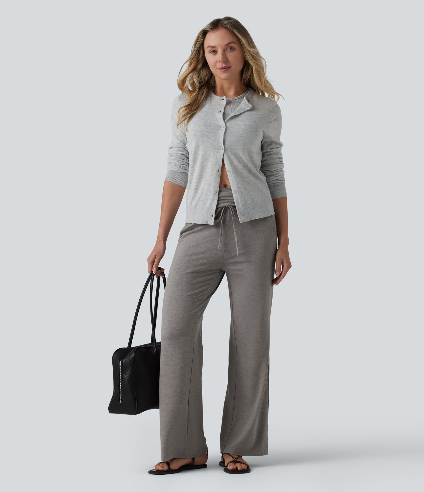 Foldover Mid Rise Ruched Drawstring Heathered Casual Flare Pants with Pockets