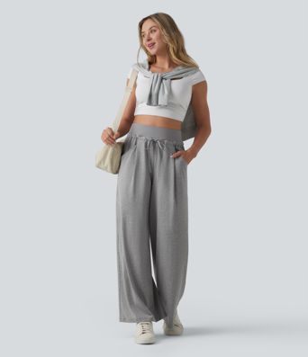High Waisted Drawstring Pleated Heathered Casual Baggy Pants with Pockets