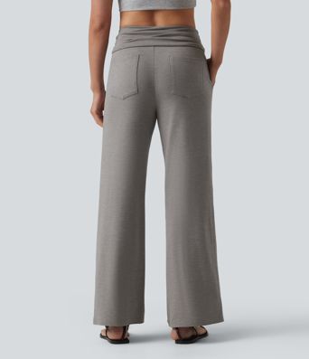 Foldover Mid Rise Ruched Drawstring Heathered Casual Flare Pants with Pockets