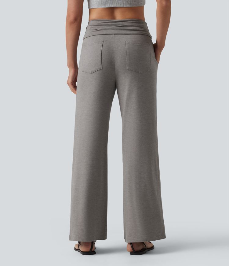 Foldover Mid Rise Ruched Drawstring Heathered Casual Flare Pants with Pockets