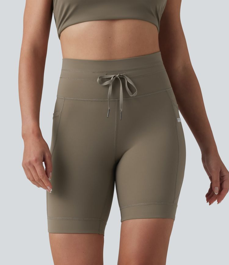 High Waisted Drawstring Plain Yoga Biker Shorts 7'' with Pockets