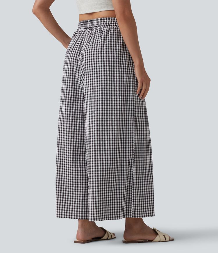 High Waisted Baggy Plaid Casual Trousers with Pockets