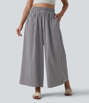 High Waisted Baggy Plaid Casual Trousers with Pockets