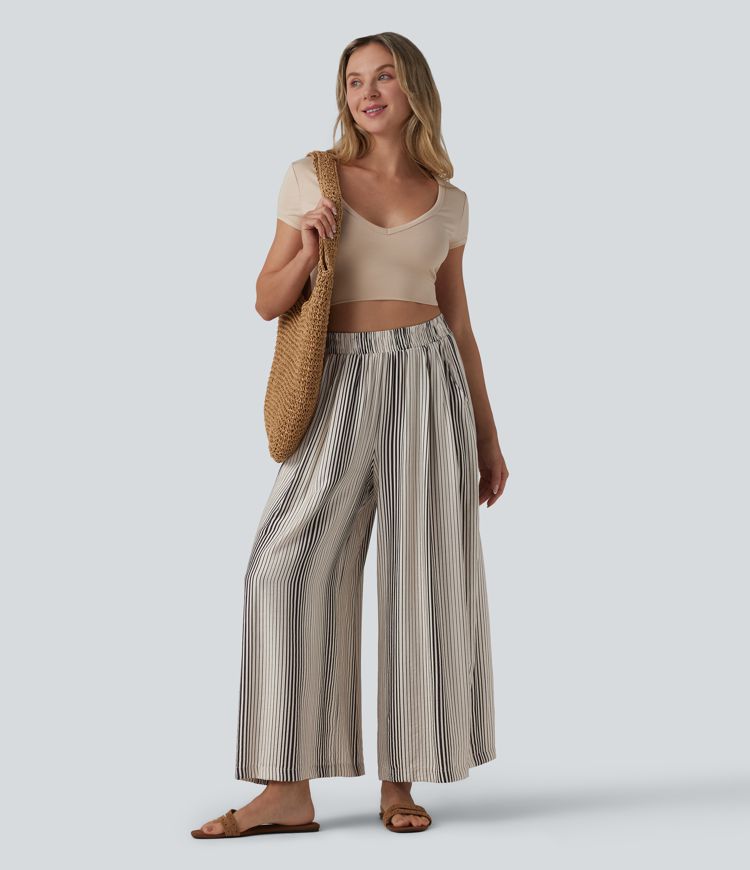 Pantalon large 7/8 taille haute à rayures avec poches