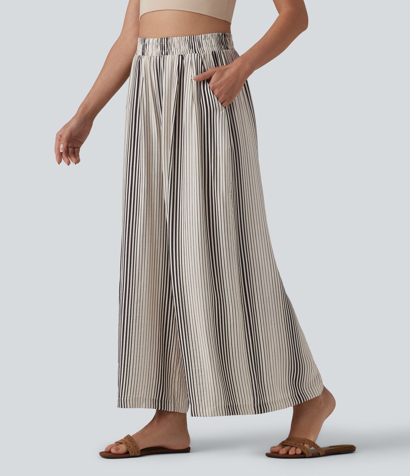 Pantalon large 7/8 taille haute à rayures avec poches