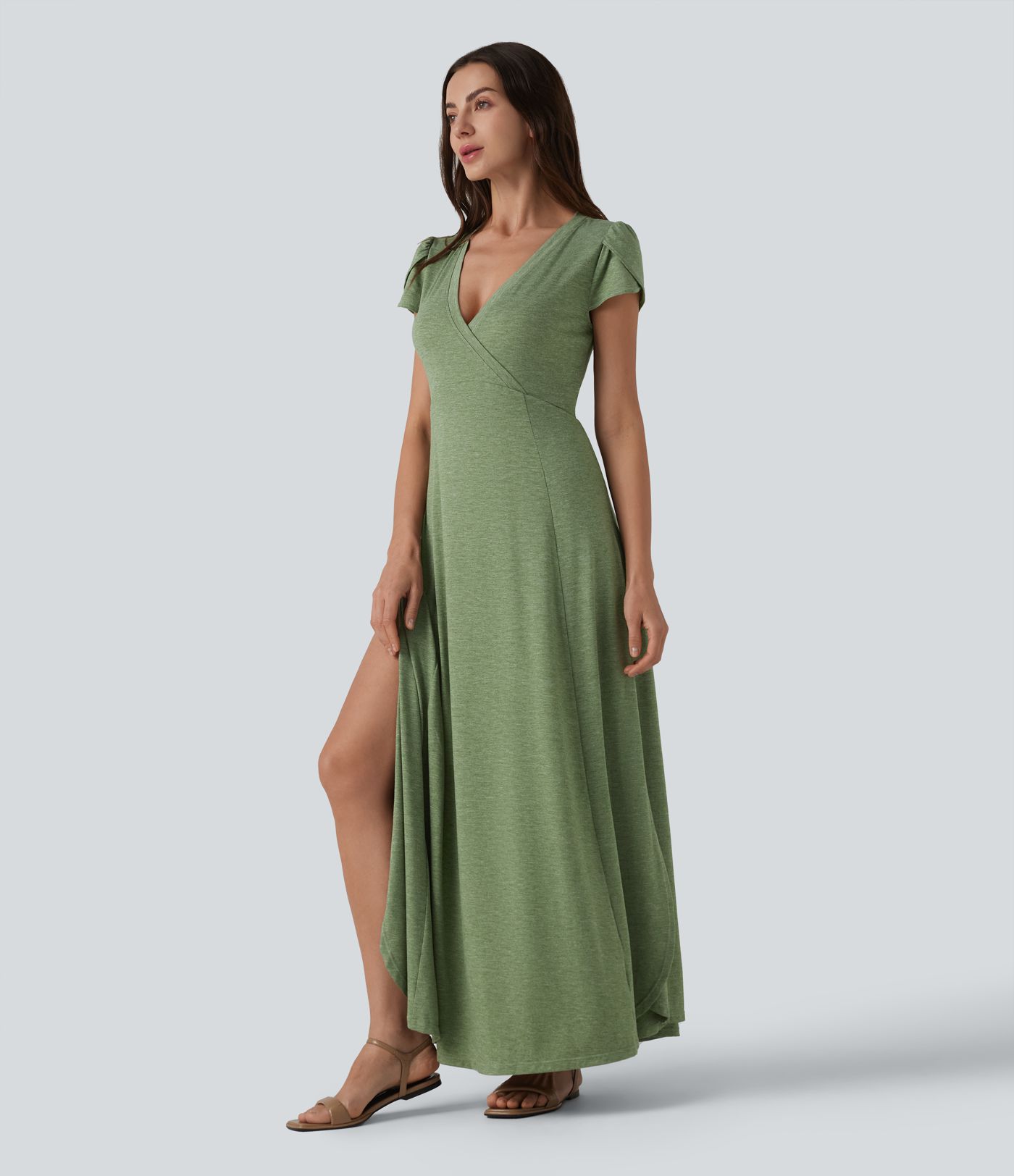 V Neck Short Sleeve Flowy Maxi Casual Dress