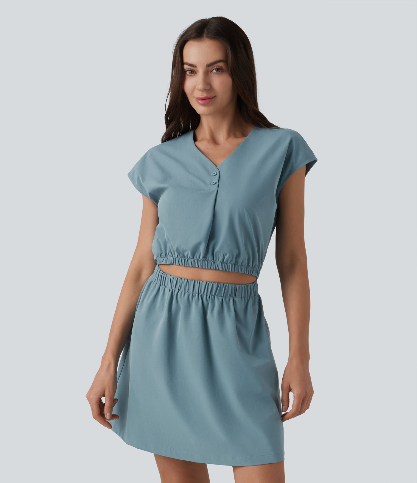 V-neck Cap Sleeve Cut Out Stretchy Poplin Casual Dress with Pockets
