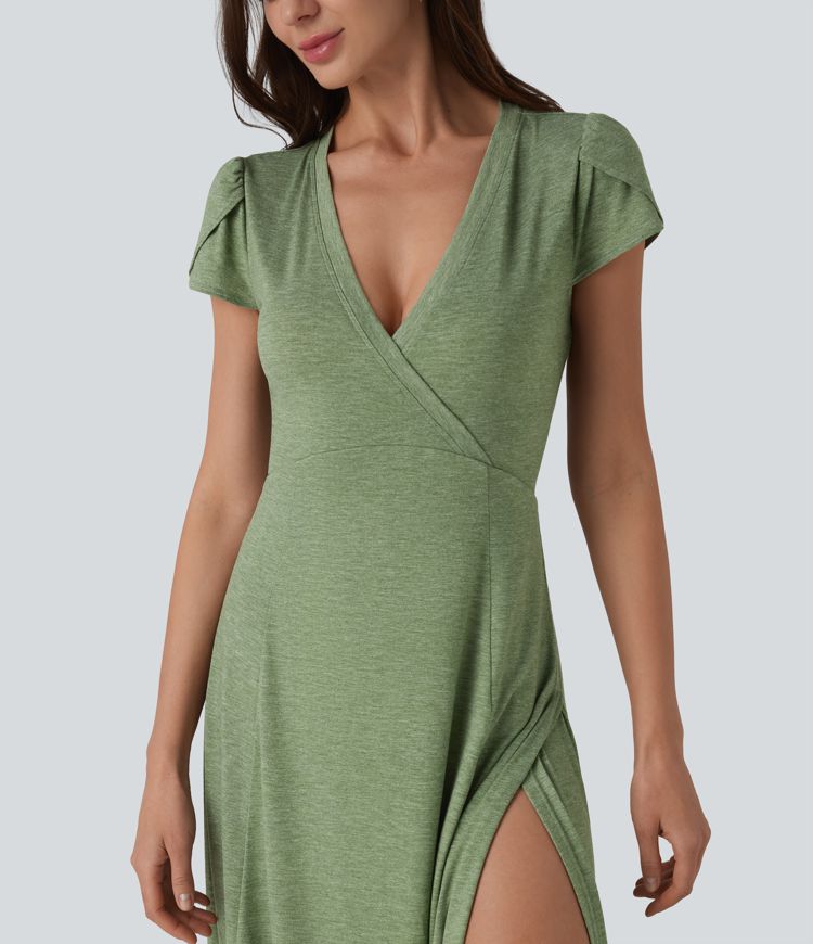 V Neck Short Sleeve Flowy Maxi Casual Dress