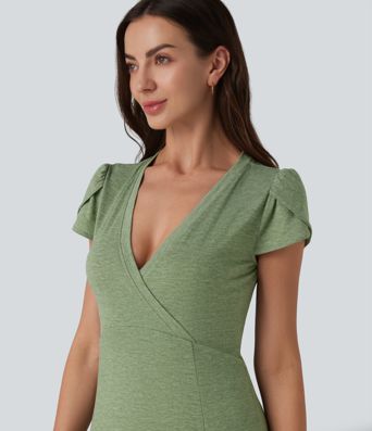 V Neck Short Sleeve Flowy Maxi Casual Dress