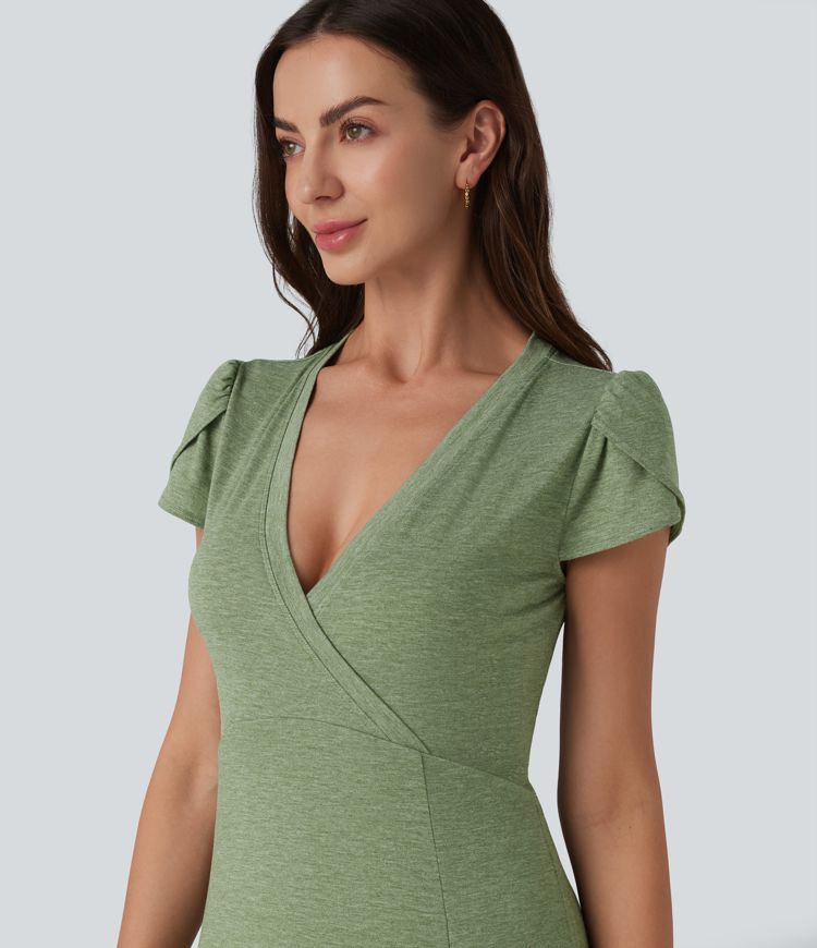 V Neck Short Sleeve Flowy Maxi Casual Dress