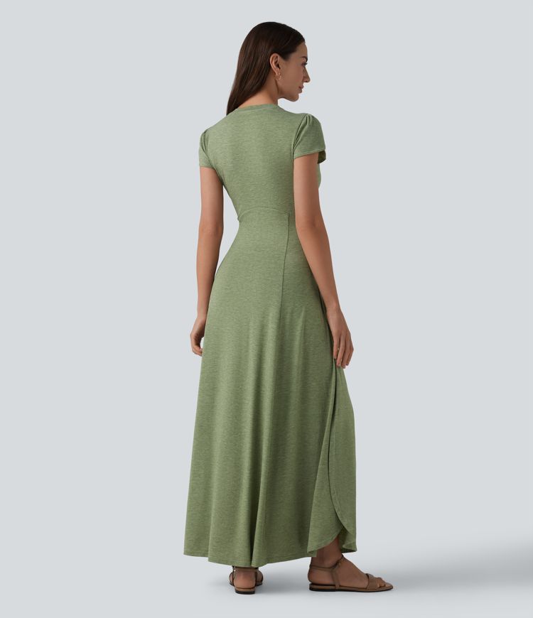 V Neck Short Sleeve Flowy Maxi Casual Dress