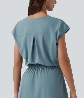 V-neck Cap Sleeve Cut Out Stretchy Poplin Casual Dress with Pockets
