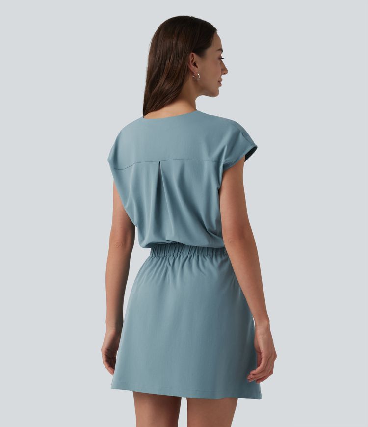 V-neck Cap Sleeve Cut Out Stretchy Poplin Casual Dress with Pockets V-neck Cap Sleeve Cut Out Stretchy Poplin Casual Dress with Pockets