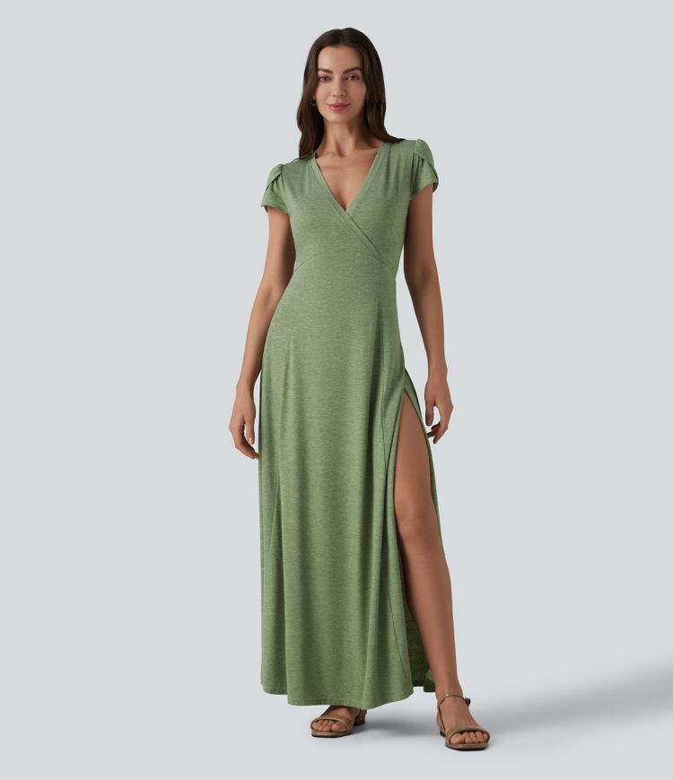 V Neck Short Sleeve Flowy Maxi Casual Dress