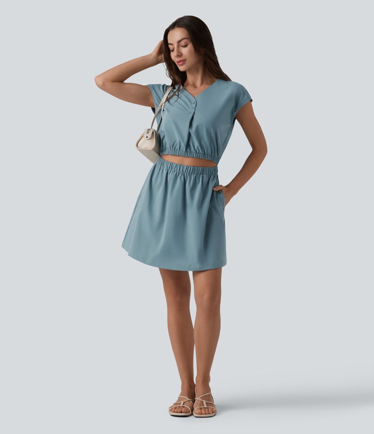 V-neck Cap Sleeve Cut Out Stretchy Poplin Casual Dress with Pockets