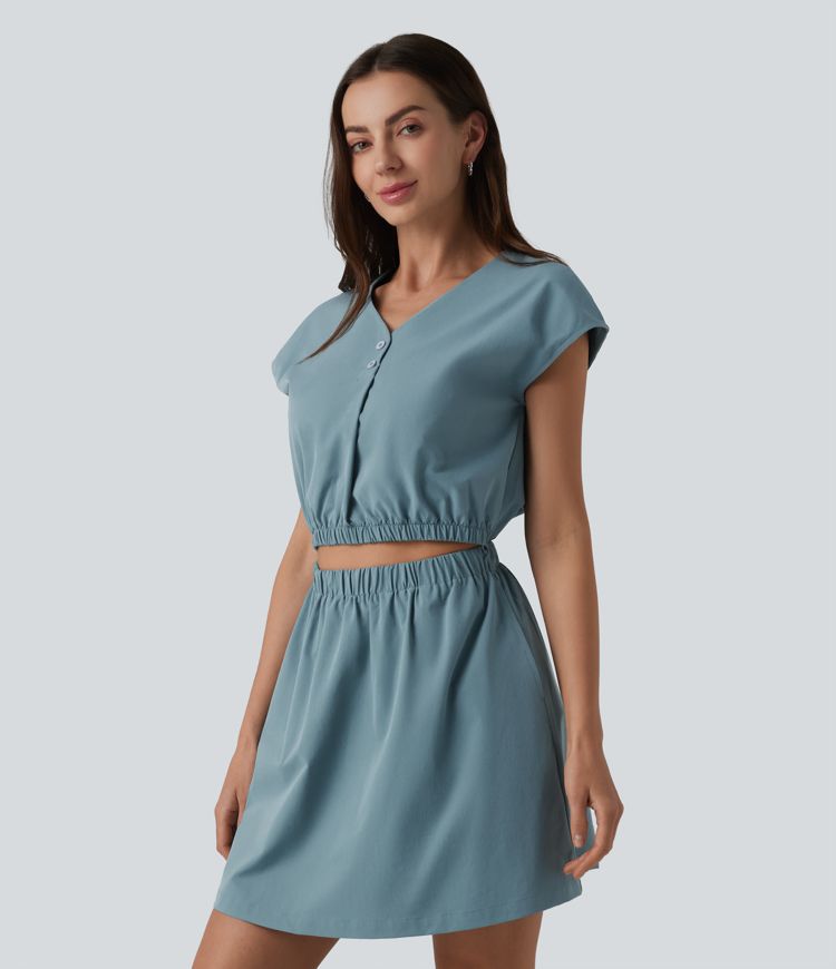V-neck Cap Sleeve Cut Out Stretchy Poplin Casual Dress with Pockets