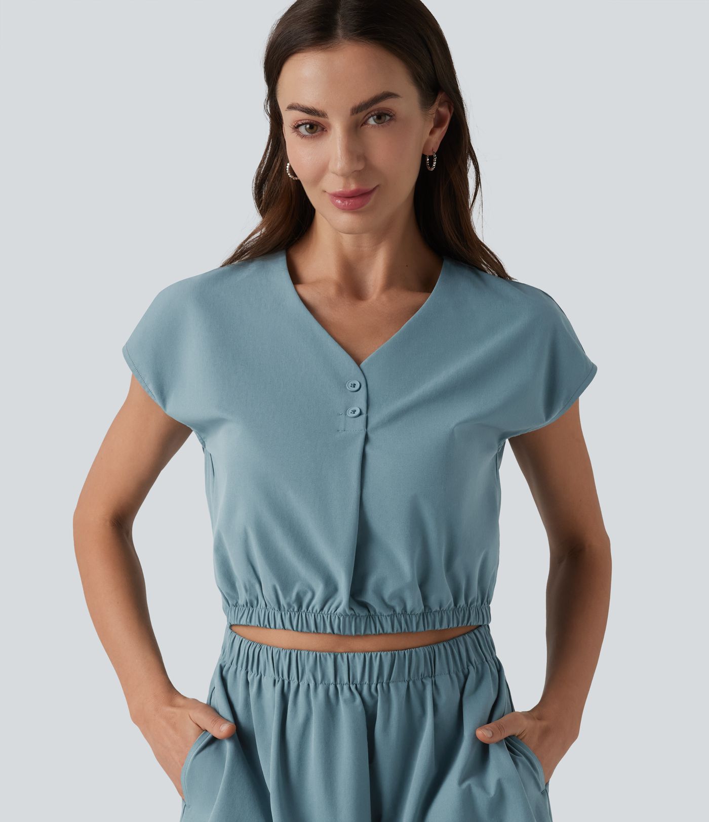 V-neck Cap Sleeve Cut Out Stretchy Poplin Casual Dress with Pockets