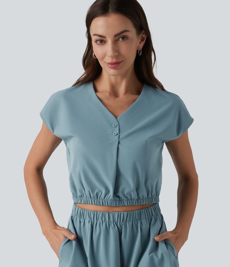 V-neck Cap Sleeve Cut Out Stretchy Poplin Casual Dress with Pockets