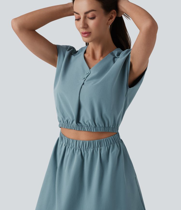 V-neck Cap Sleeve Cut Out Stretchy Poplin Casual Dress with Pockets