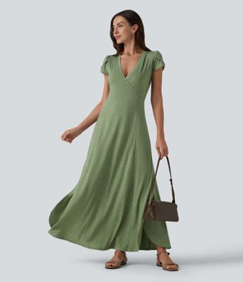 V Neck Short Sleeve Flowy Maxi Casual Dress